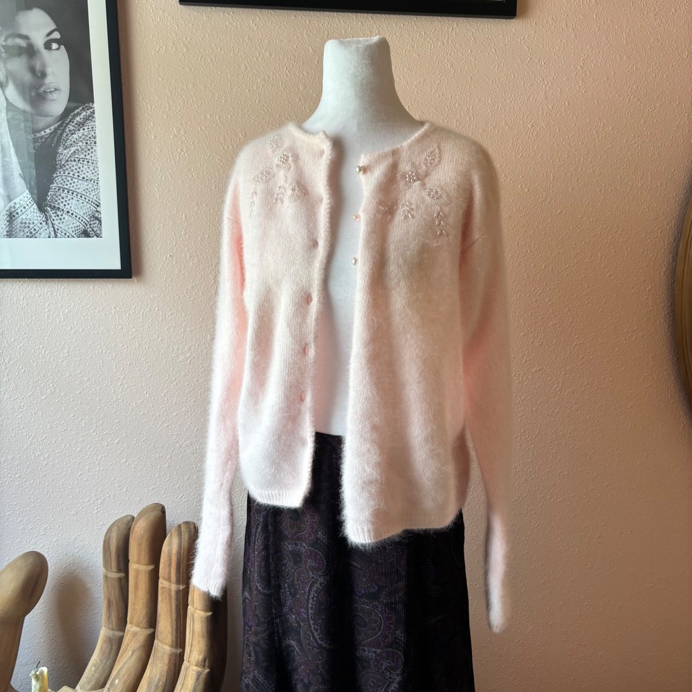 Vintage 80s / 90s Coquette Baby Pink Angora Cardigan